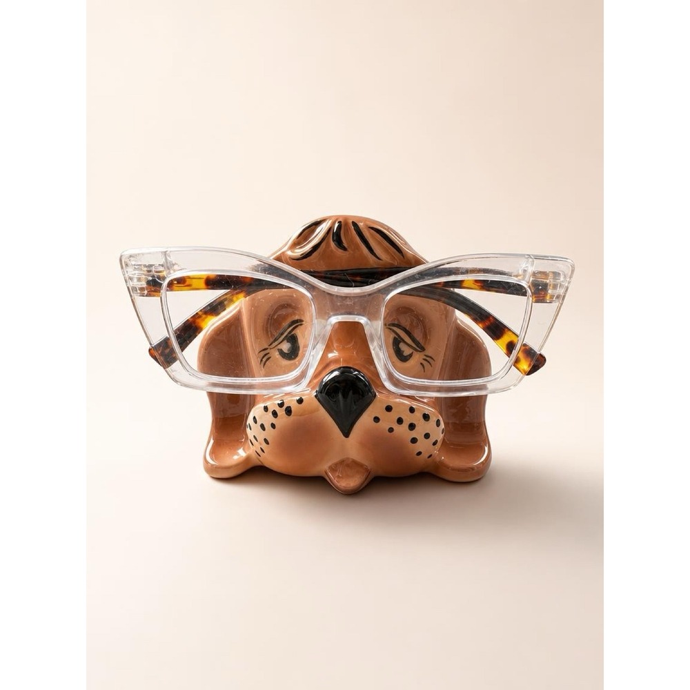 Vintage Hand Painted Pascal Ceramic Dog Eyeglass Holder Stand Sad Eyes Brown